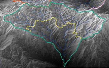 LiDAR map of Luquillo's Rio Blanco watershed (green), streams (blue), and knickpoints (yellow).